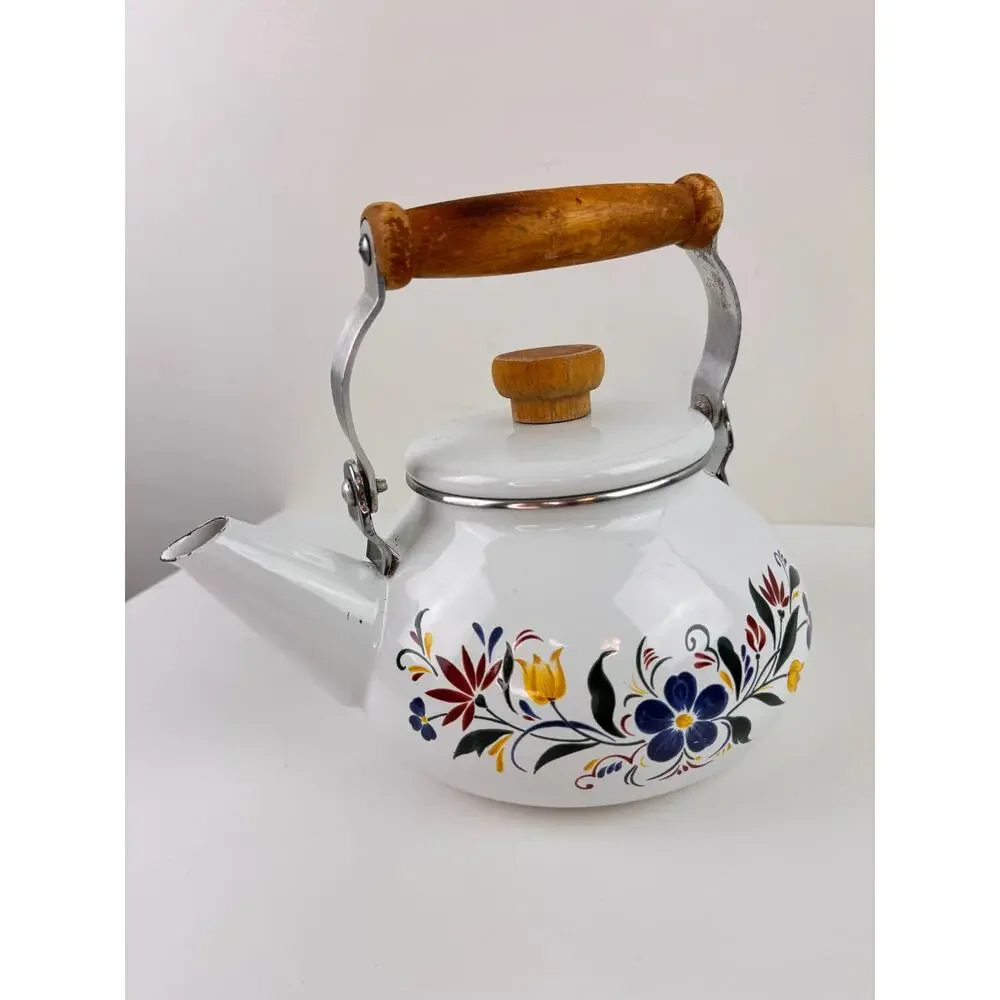 Vintage Master Cuisine Kettle White Tea Pot Floral Stainless Steel Wooden Handle